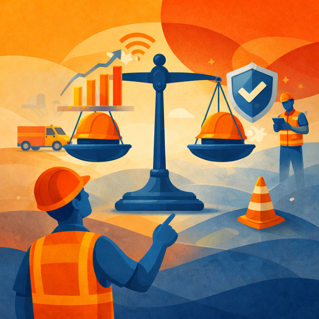 Illustration of construction workforce management balancing productivity growth, safety compliance, and operational efficiency using data and time tracking tools.