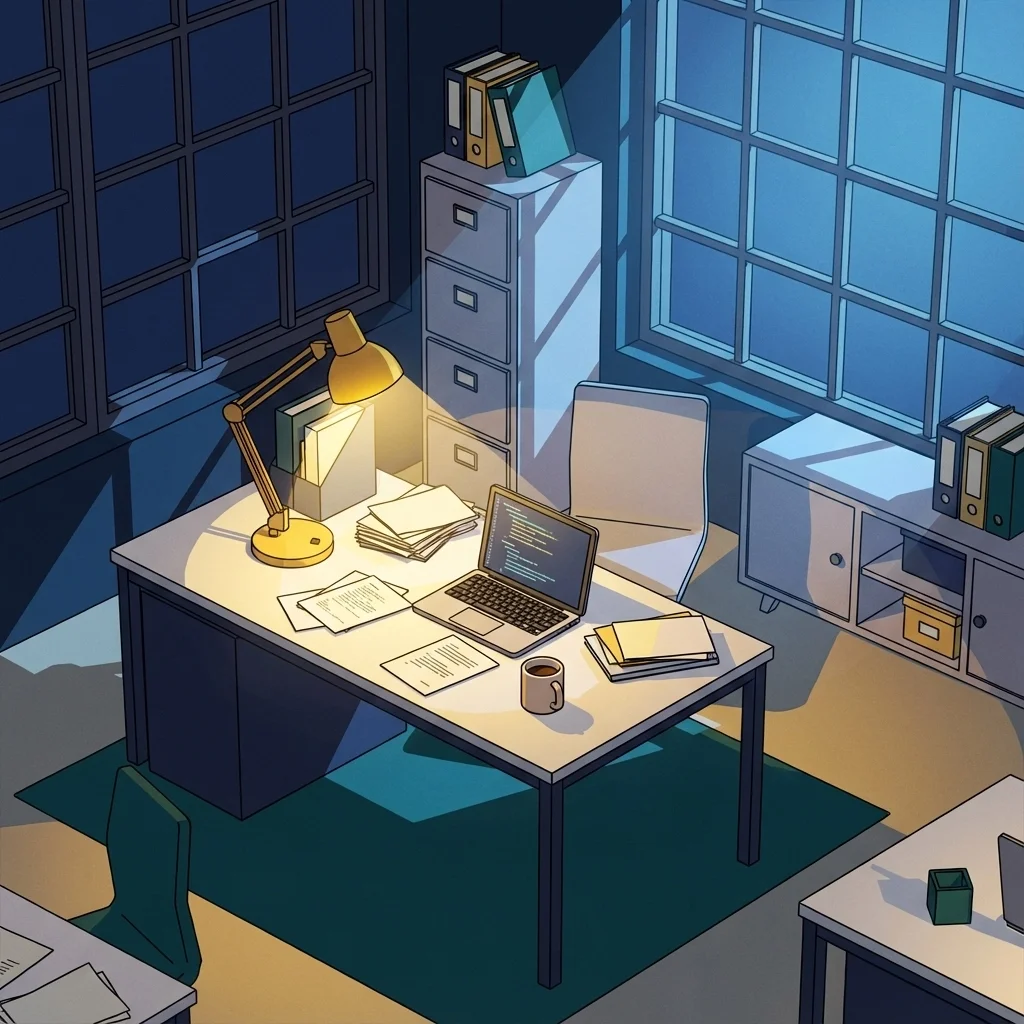 Illustration of an empty office desk at night with a laptop, paperwork, and desk lamp, symbolizing overtime work and productivity.
