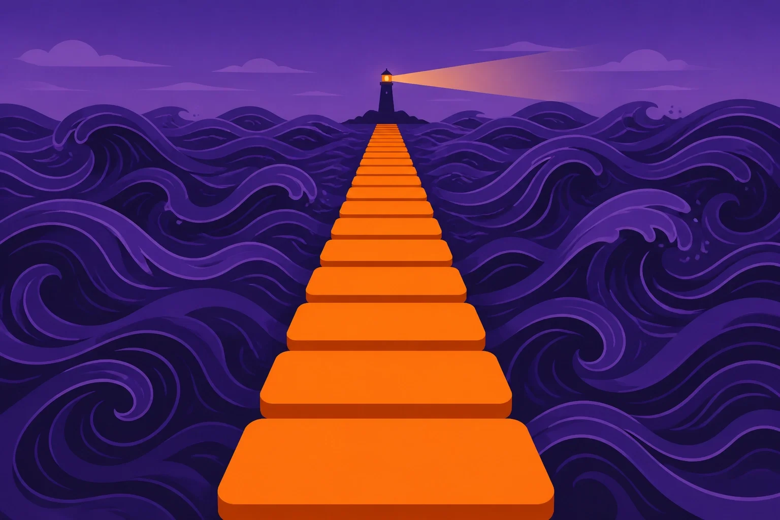 Bright orange pathway stretching across dark purple ocean waves toward a lighthouse, symbolizing guidance, long-term vision, navigating uncertainty, and strategic direction.