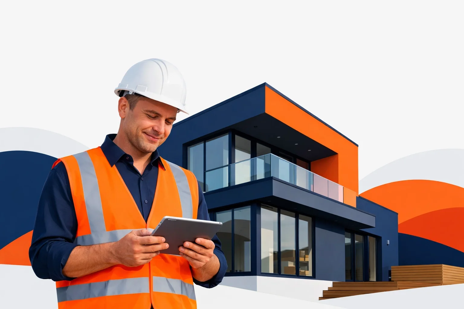 Construction professional using a tablet in front of a modern home, representing digital tools improving efficiency in building and project management.