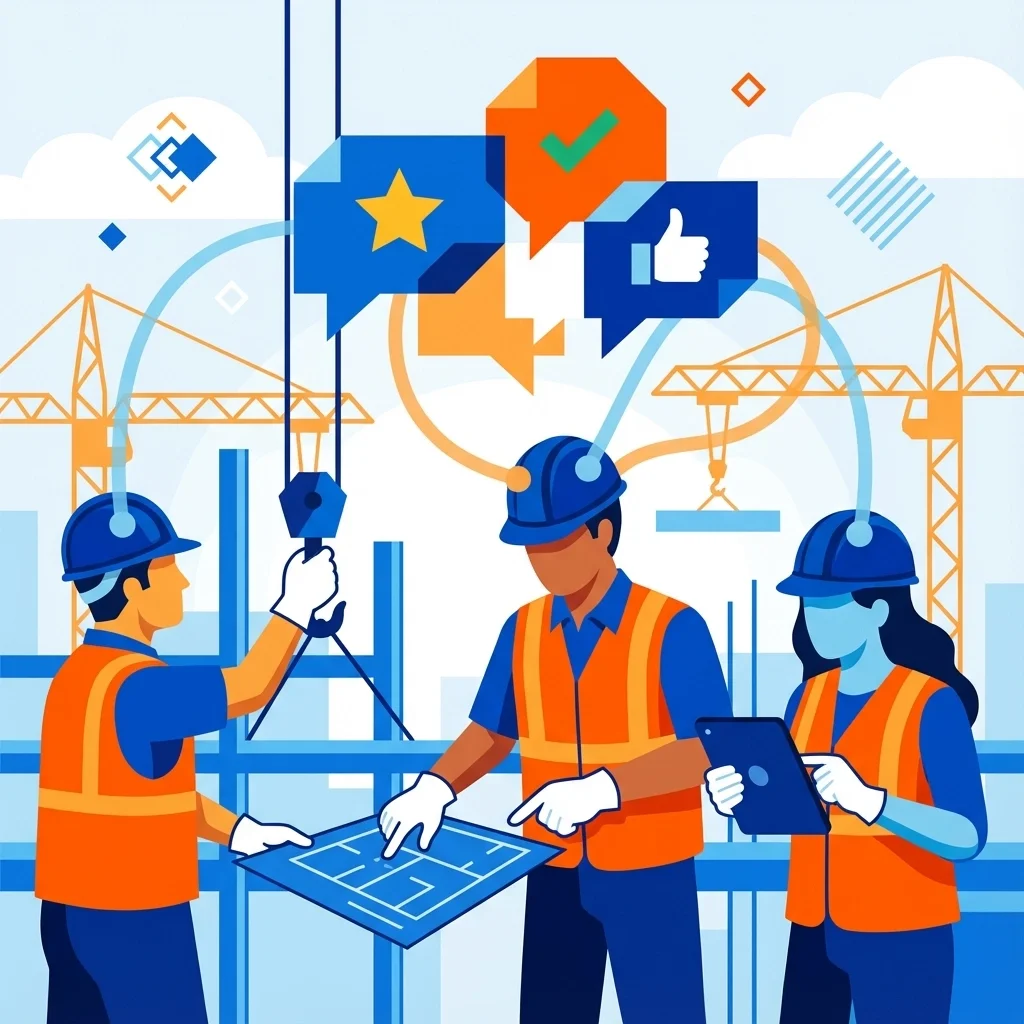 Flat illustration of construction workers reviewing blueprints and coordinating tasks on a job site, representing team collaboration and project planning.