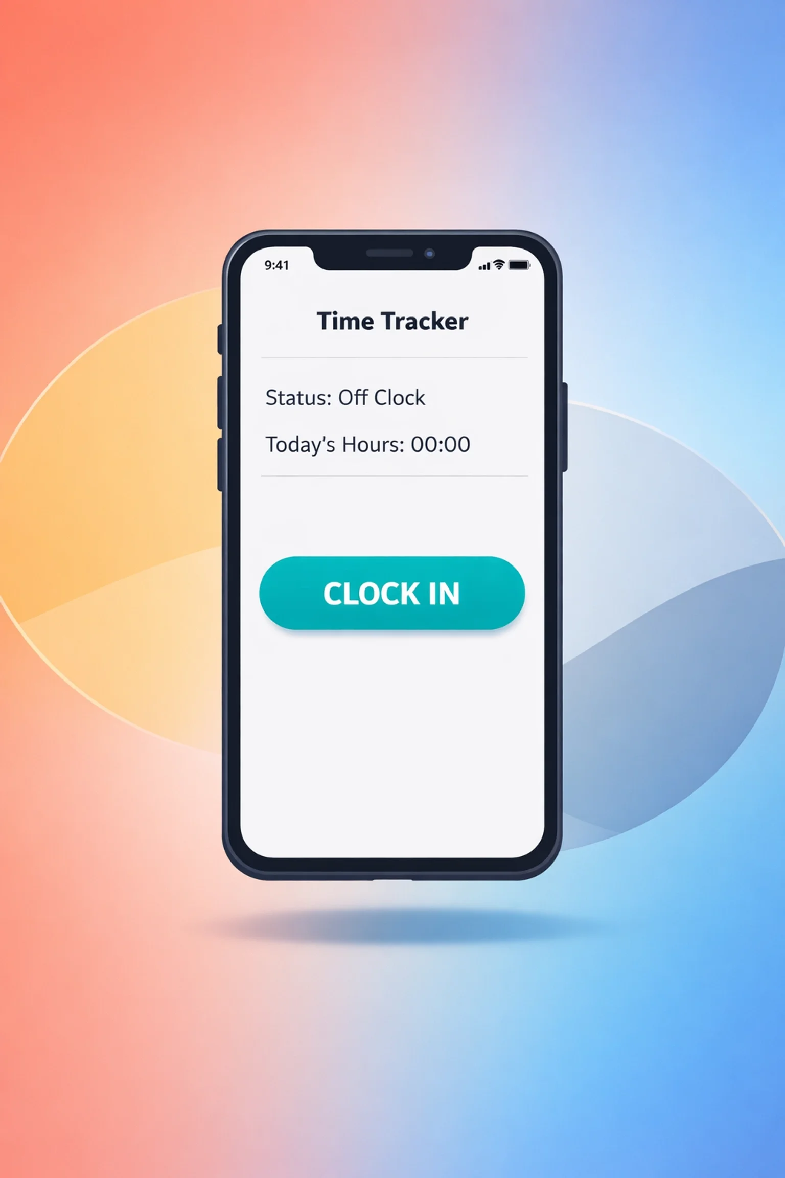 Mobile time tracking app showing off-clock status and clock-in button for employee labor and attendance management.