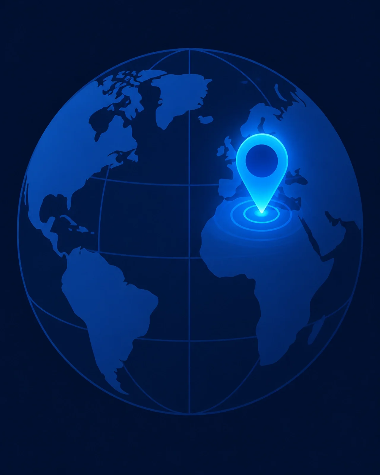 A stylized globe with clean geometric lines and a bright blue pulsating location pin, representing the reliability and precision of real-time GPS tracking.