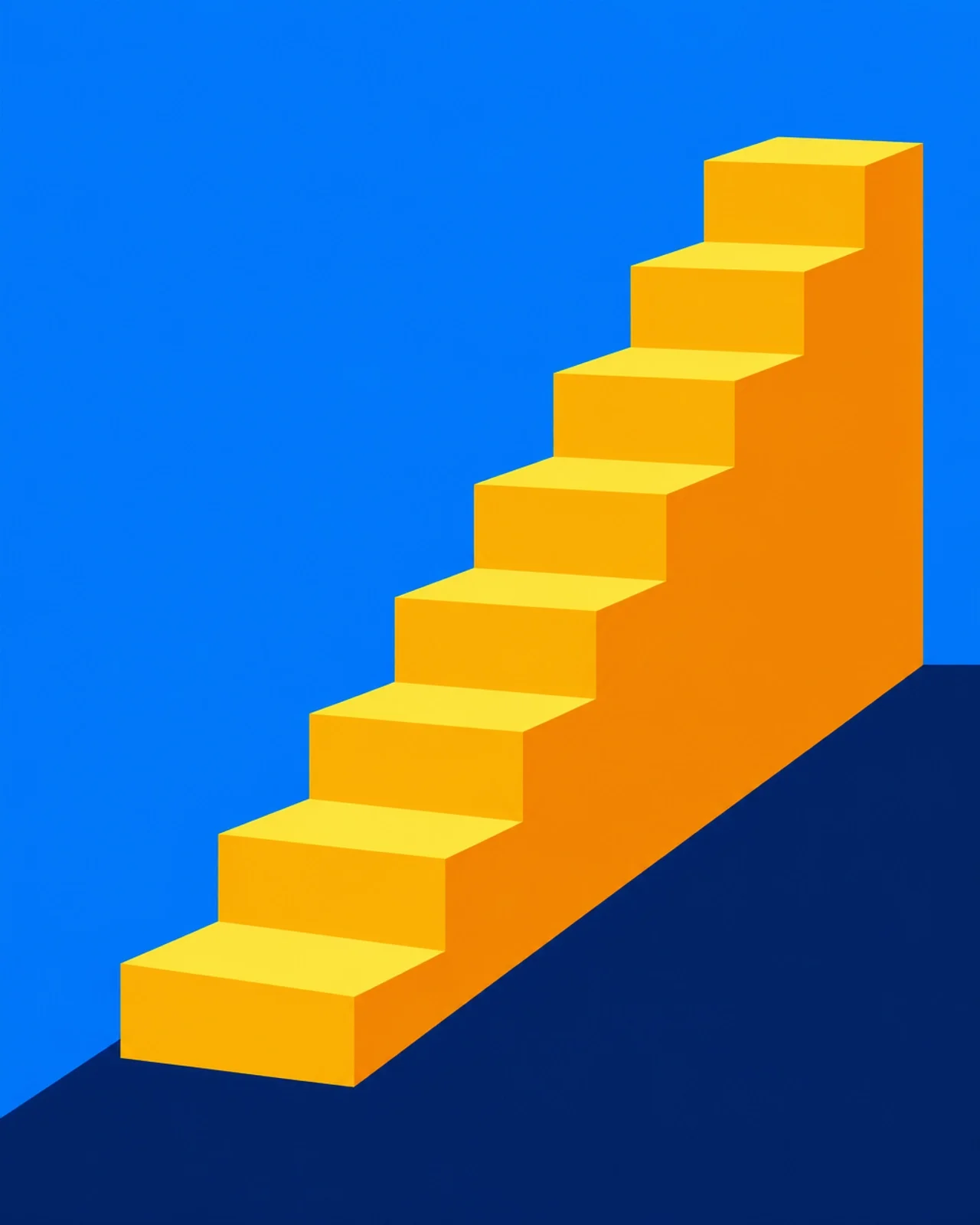 Bold geometric staircase ascending upward against a blue background, symbolizing step-by-step progress, business growth, achievement, and continuous improvement.