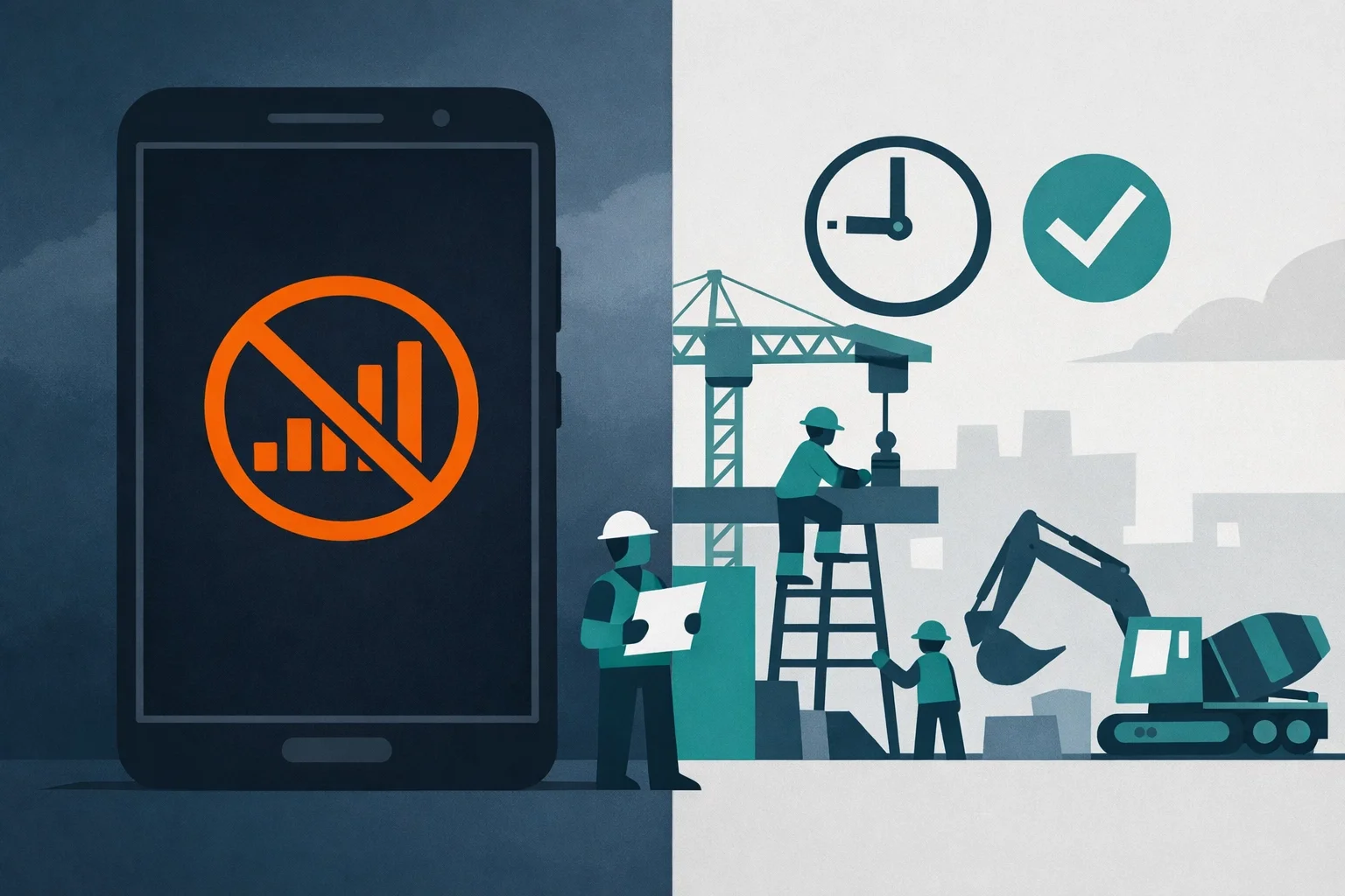 Comparison of offline mobile device with no signal and connected construction workforce using time tracking and communication tools