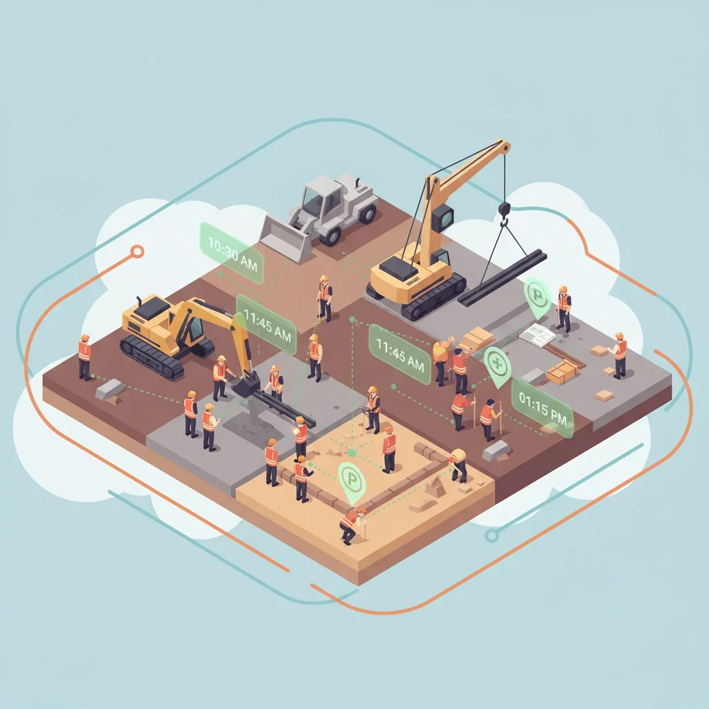 Isometric illustration of a construction site with workers, vehicles, and digital time tags, representing real-time job site tracking.