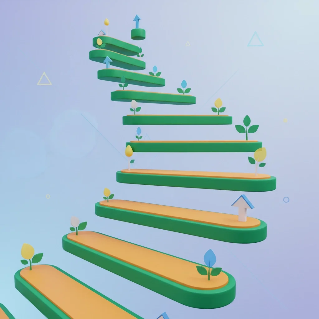 3D illustration of ascending platform steps with small growing plants representing steady business growth and progress.