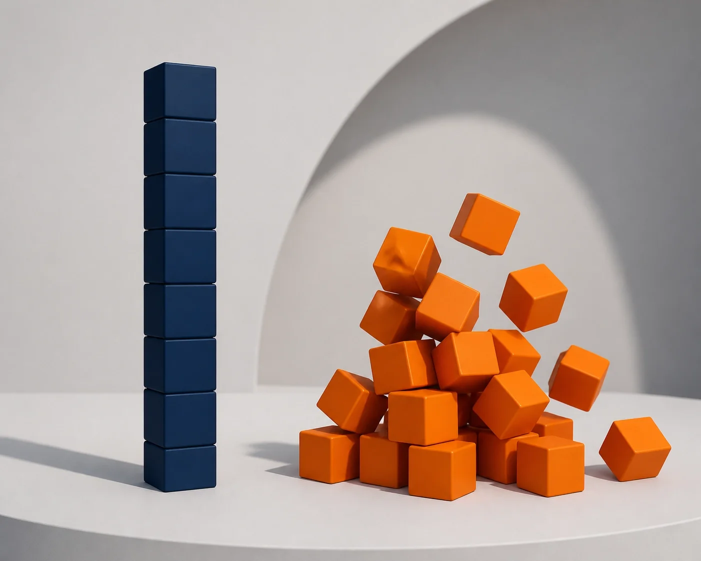 Single stable column beside scattered falling cubes, symbolizing structured systems versus chaos and the importance of consistency.