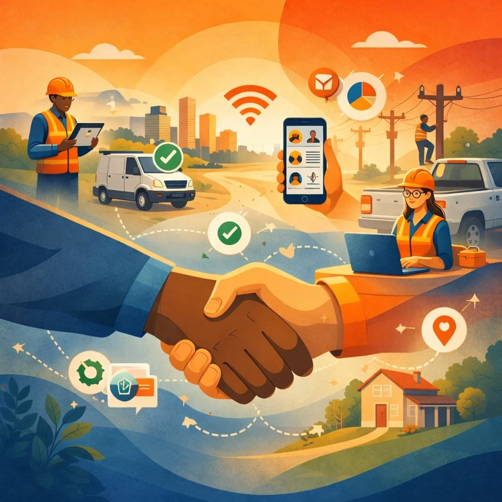 Connected field service teams collaborating through mobile apps, GPS tracking, and real-time job updates to improve coordination and productivity.