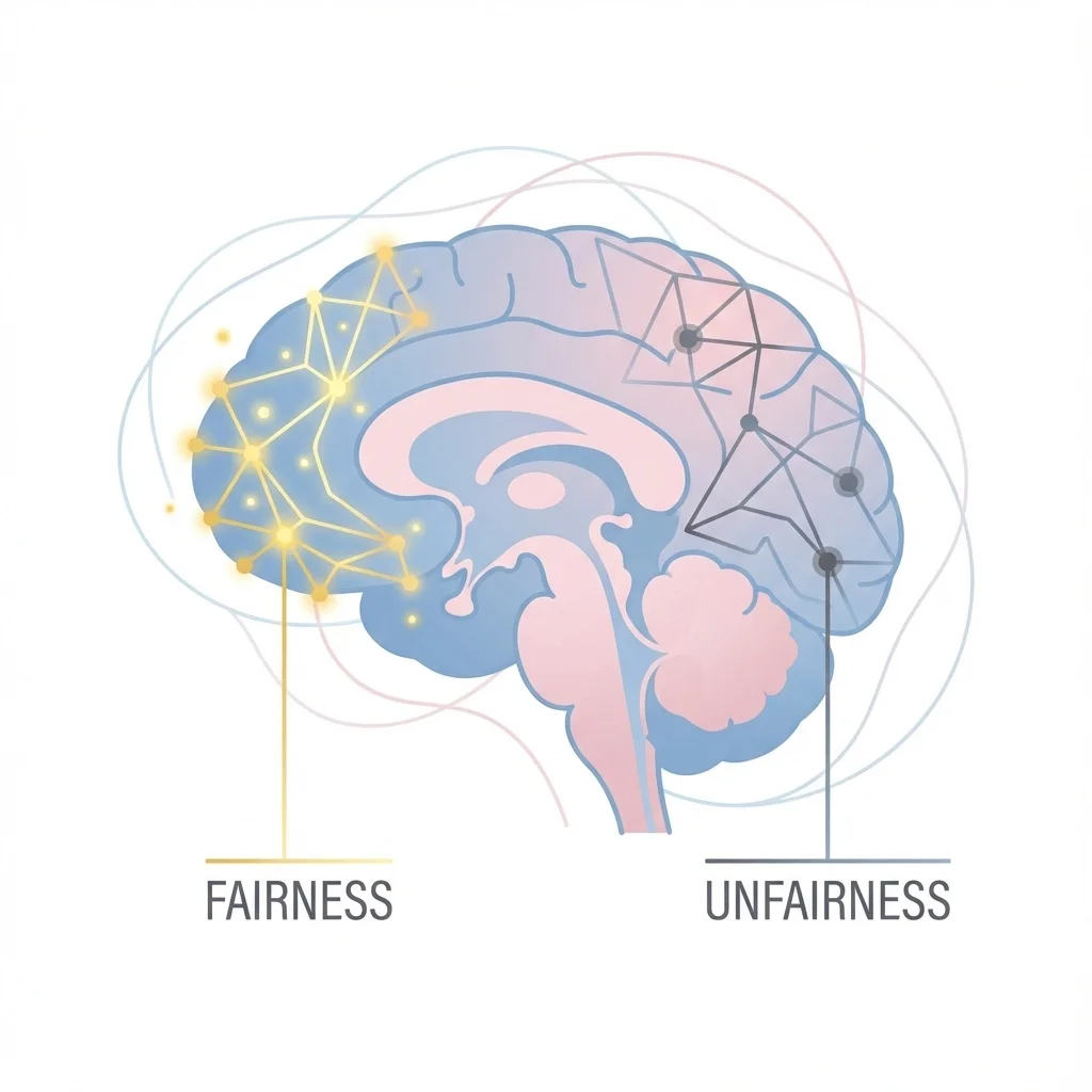 Illustration of a human brain split between fairness and unfairness, with connected neural networks highlighting ethical decision-making and cognitive bias.