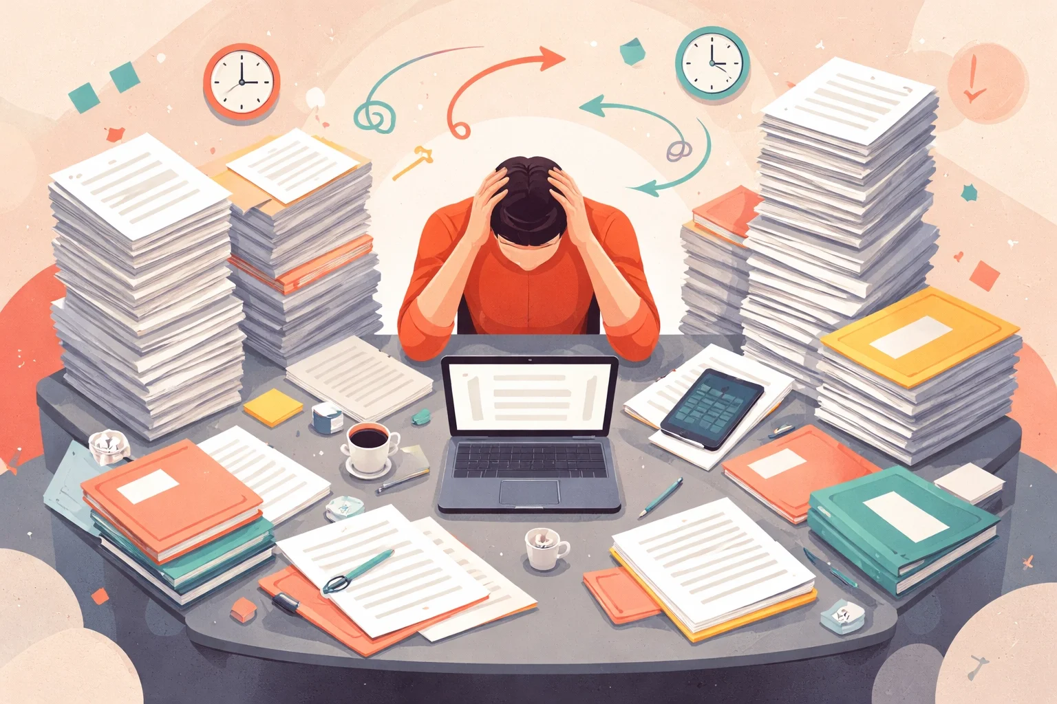 Overwhelmed worker surrounded by stacks of paperwork and deadlines, representing administrative overload and operational stress.