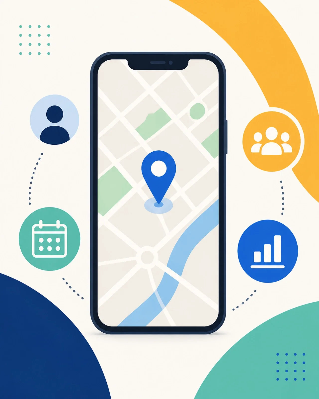 A stylized smartphone screen showing a GPS map and a pin drop, representing modern workforce tracking.
