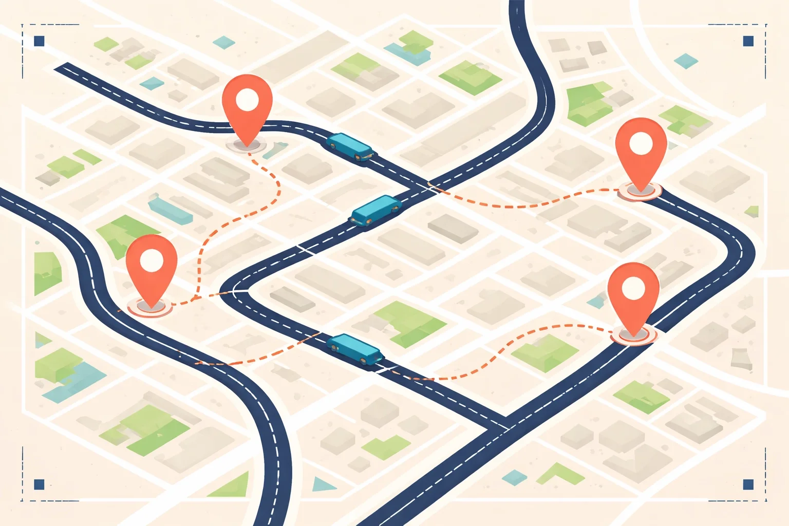 Illustration of a city map with vehicles and location pins, representing route planning, dispatching, and GPS fleet tracking.