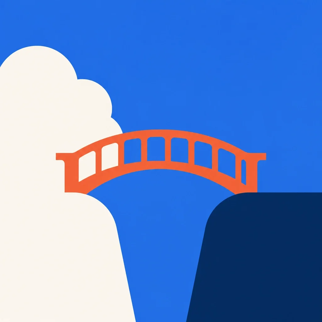 A minimalist bridge connecting abstract concepts, representing the transition from ideas to reality