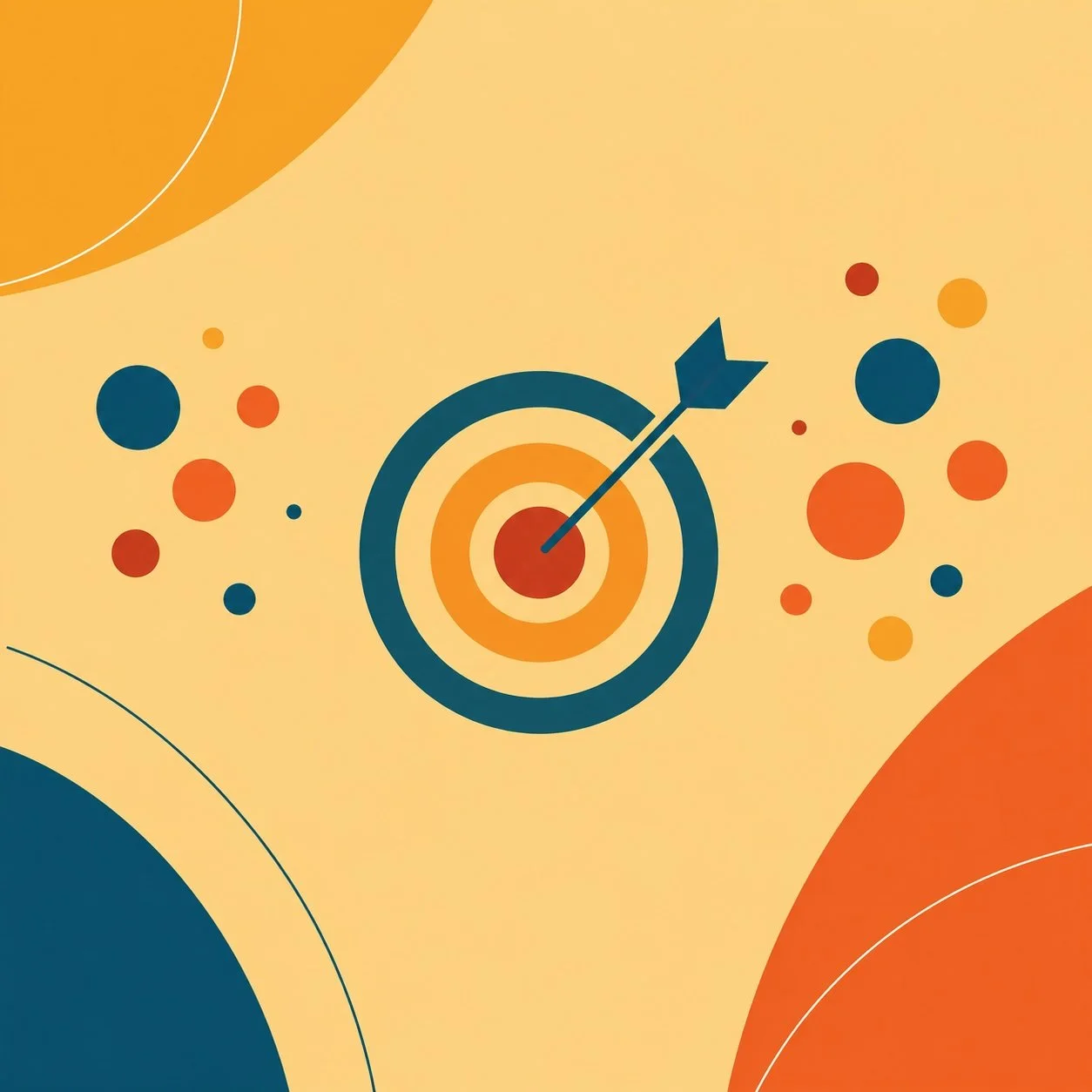 Arrow hitting the center of a colorful target surrounded by scattered circles, symbolizing focus, precision, and achieving goals.