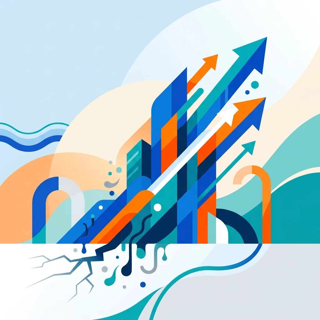 Abstract city-like shapes with multiple upward arrows breaking through the ground, symbolizing rapid growth, momentum, and breakthrough performance.