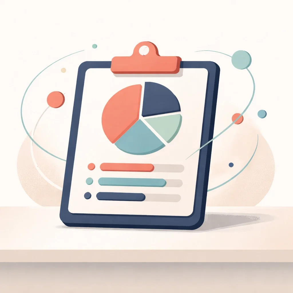 Illustration of a clipboard with a pie chart and progress bars, representing performance reporting and business analytics.