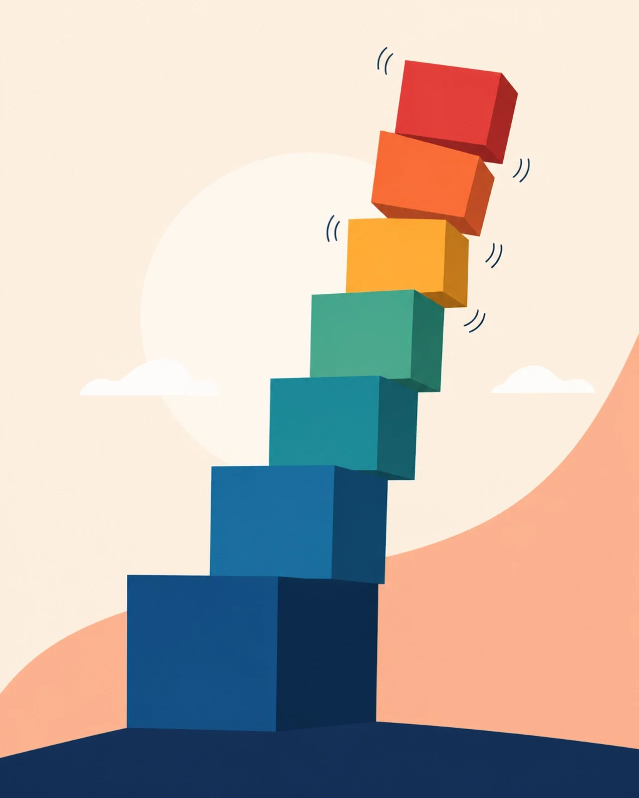 Stacked colorful blocks leaning unstably upward, symbolizing rapid growth, scaling challenges, operational instability, and the risks of weak business foundations.