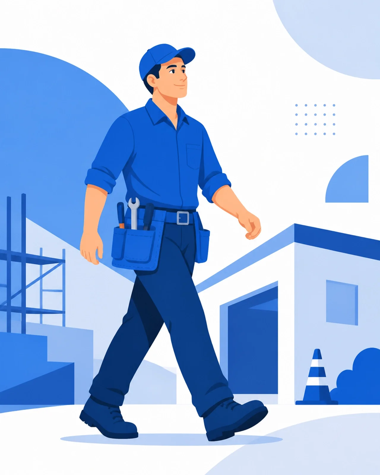 A minimalist illustration of a service technician with a tool belt walking forward purposefully, representing forward motion and action.