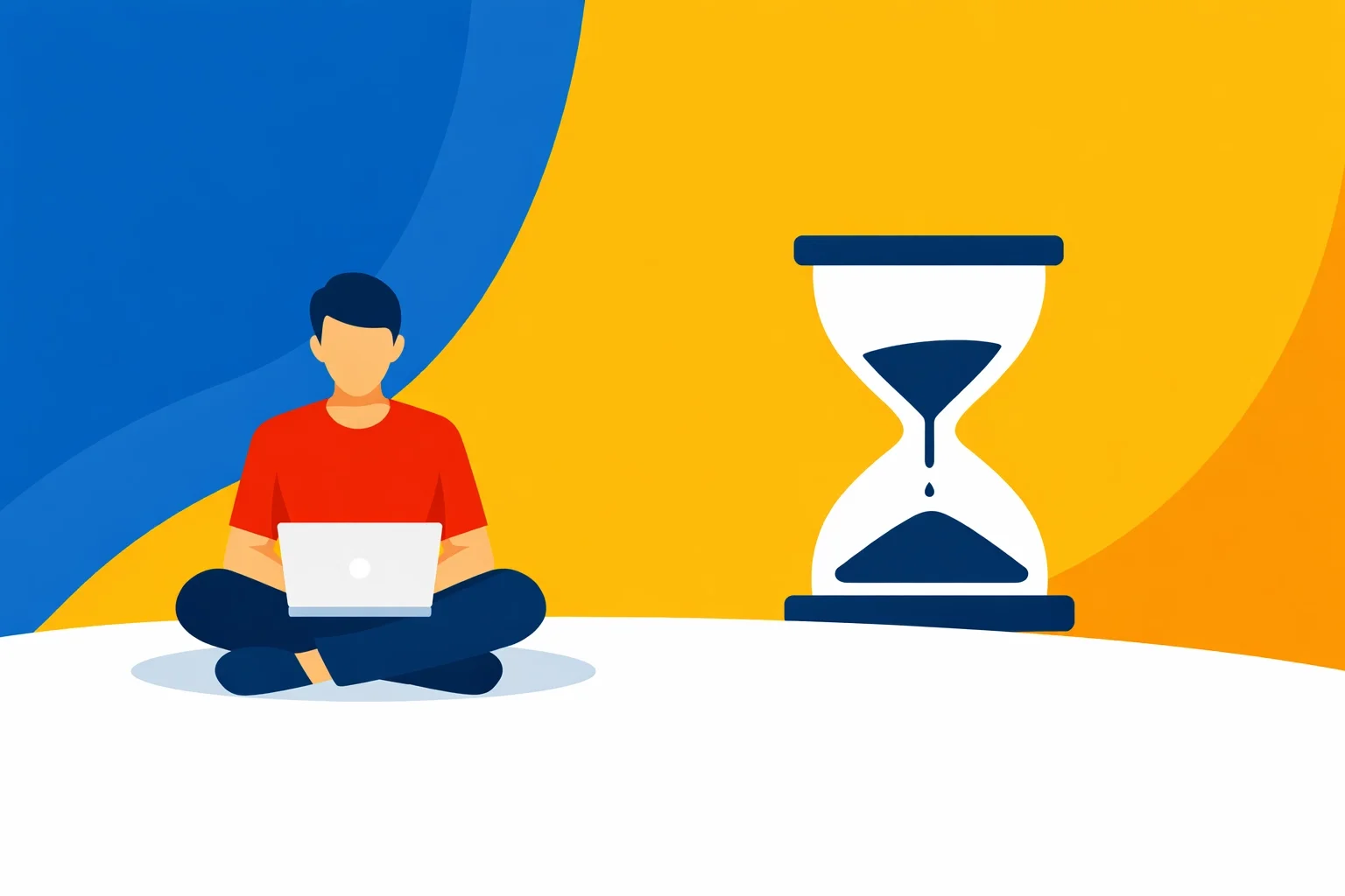 Person working on a laptop beside an hourglass, representing focus, time management, and improved productivity.