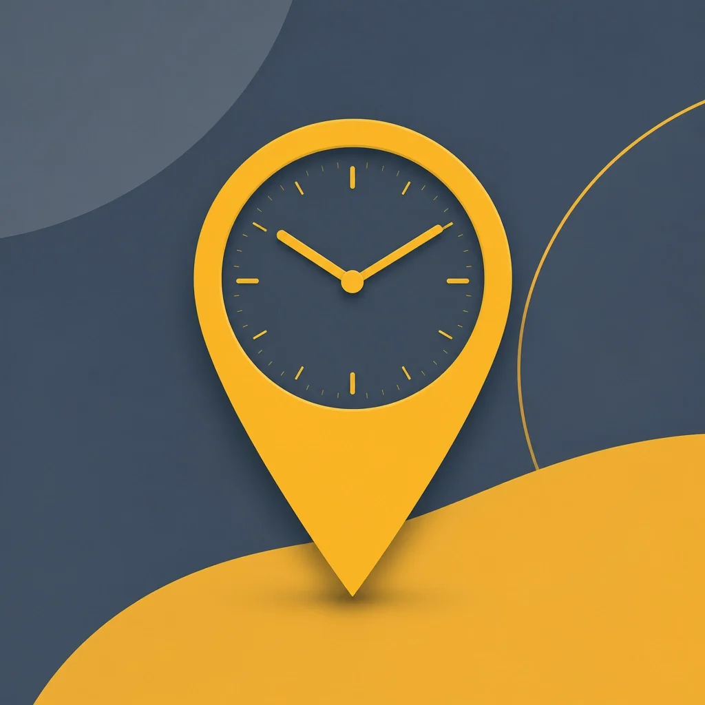 A minimalist GPS pin icon integrated with a clean digital clock face, representing the marriage of location and time tracking.