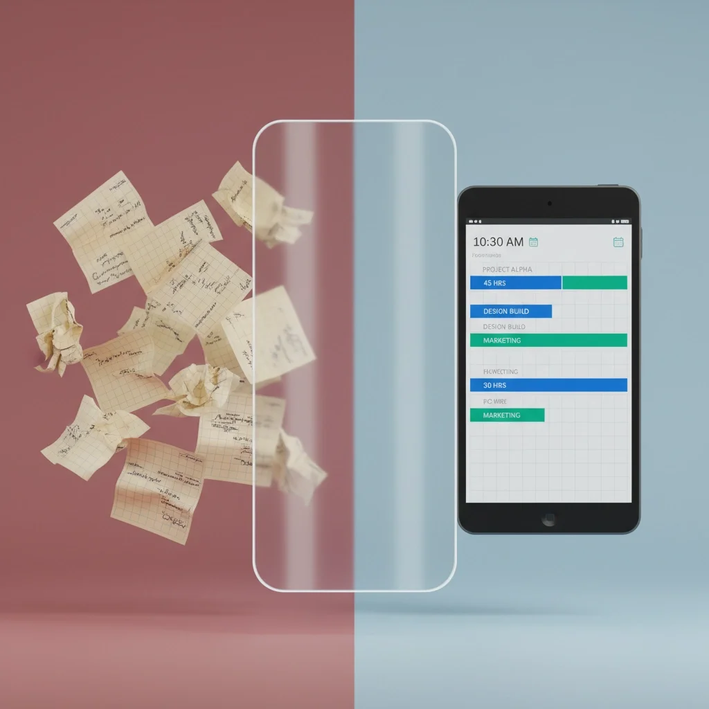 Side-by-side comparison of crumpled handwritten notes on the left and a clean digital scheduling app on a smartphone on the right, symbolizing the shift from paper to digital organization.