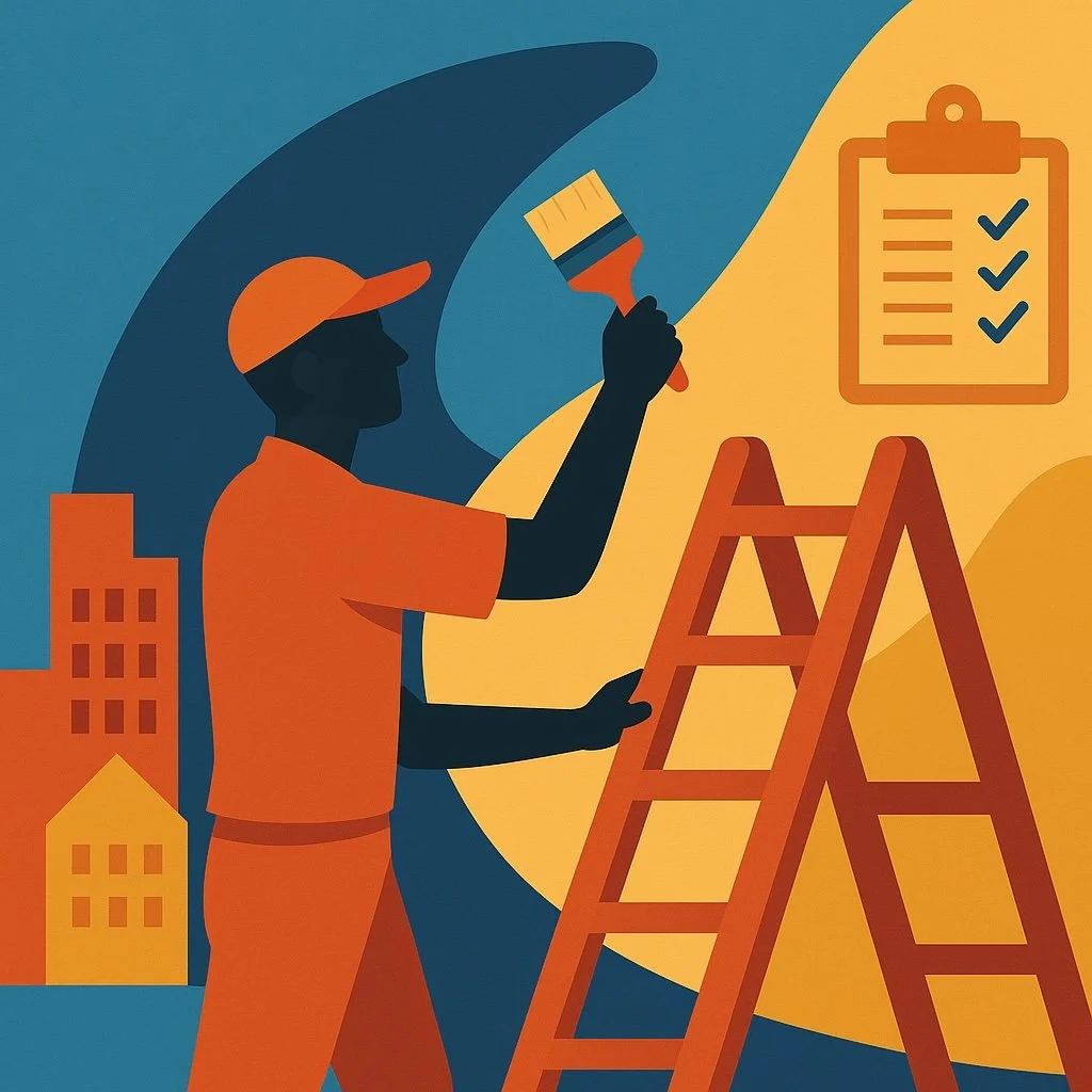 Illustration of a painter standing on a ladder with a paintbrush, working on a project with a checklist in the background representing task completion and job progress.