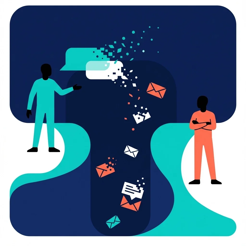 Flat illustration of two people separated by a gap as messages and emails break apart, representing communication breakdown and missed messages.