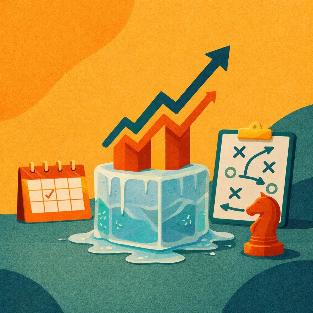 Minimalist illustration of growth bars emerging from ice alongside a calendar, strategy board, and chess piece, symbolizing a strong off-season strategy focused on planning, preparation, and long-term business growth.