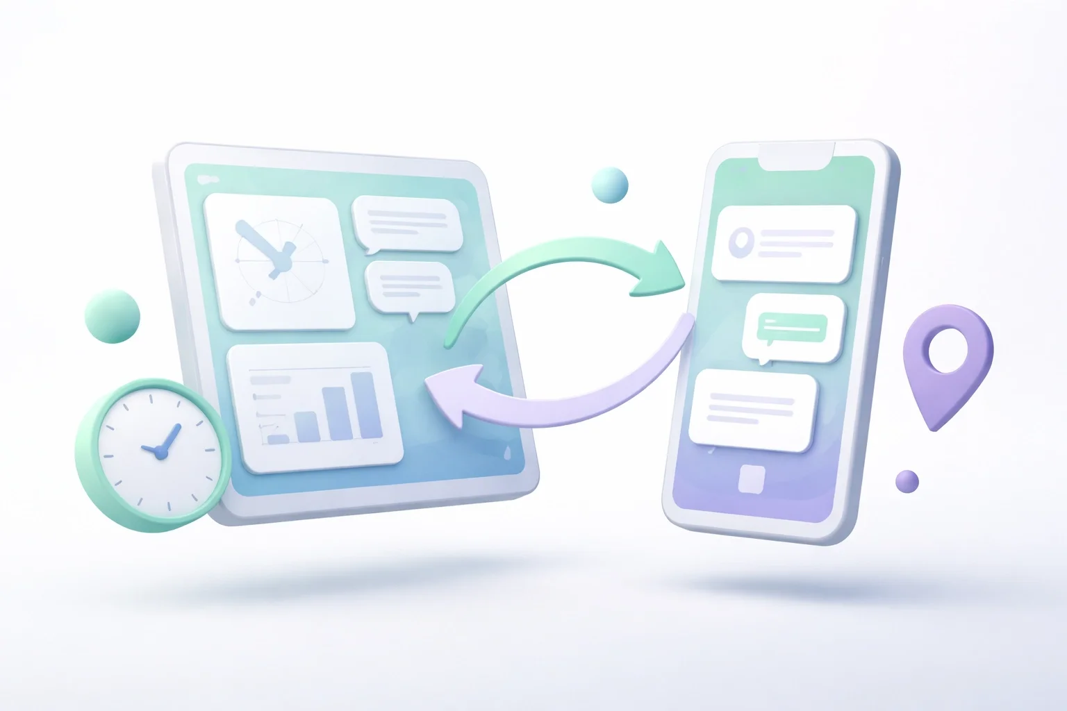 Dashboard and mobile app illustration connected by arrows, representing real-time sync between office scheduling and field operations