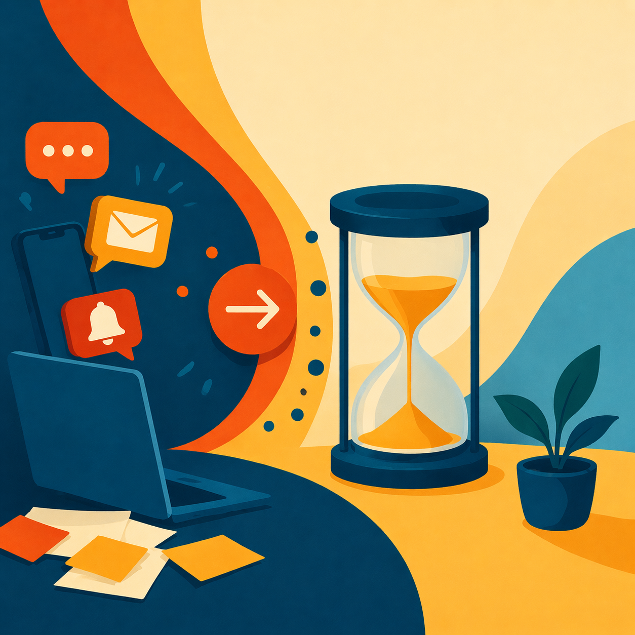 Minimalist illustration of a cluttered workspace with notifications transitioning into a calm scene with an hourglass, symbolizing reducing distractions to gain focus and time, using bold colors and smooth geometric shapes