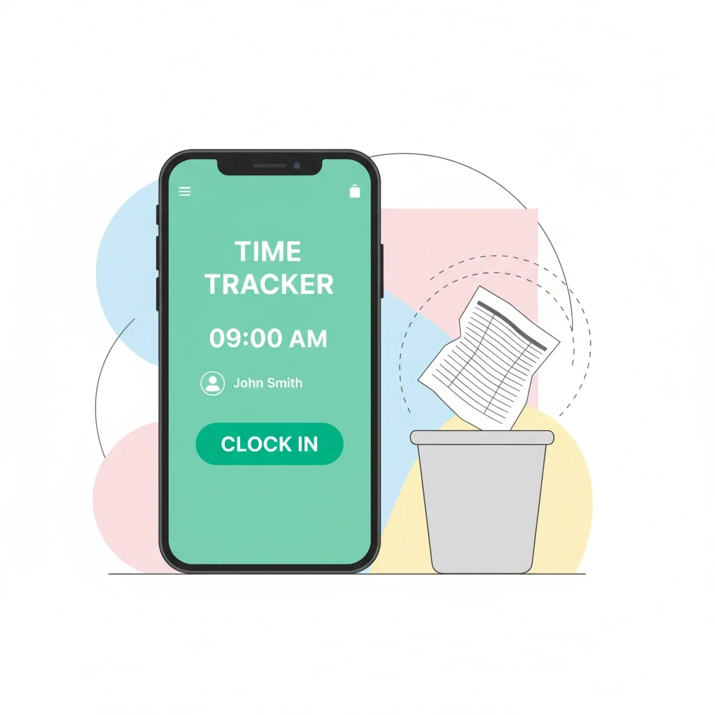 Flat illustration of a smartphone time tracker app displaying “Clock In” beside a paper timesheet being thrown into a trash can, representing the shift from paper to digital time tracking.