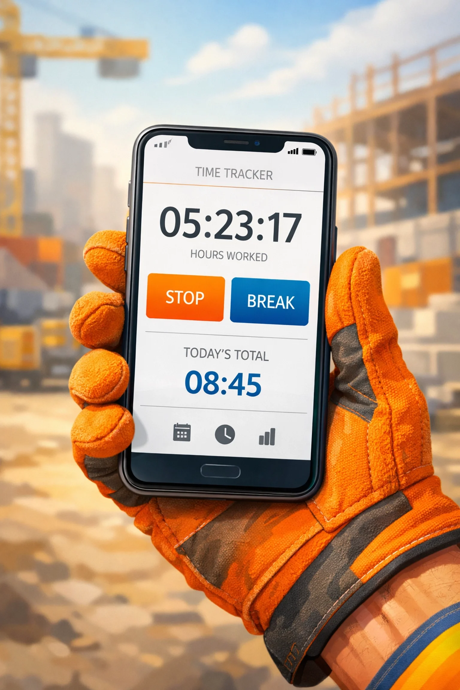 Construction worker using smartphone with Labor Sync mobile app to clock in while standing near construction equipment
