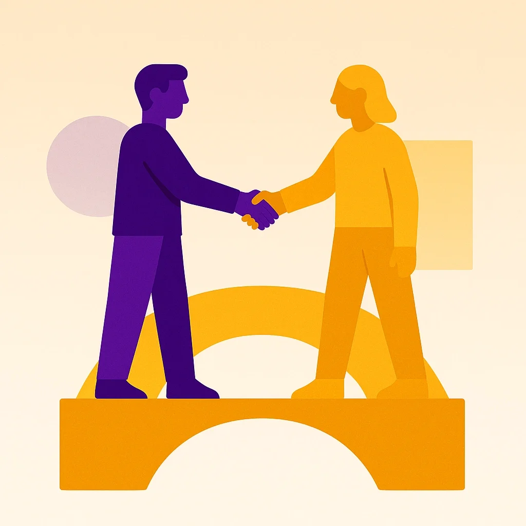 Minimalist illustration of two figures shaking hands on a bridge, symbolizing partnership, agreement, and collaboration.