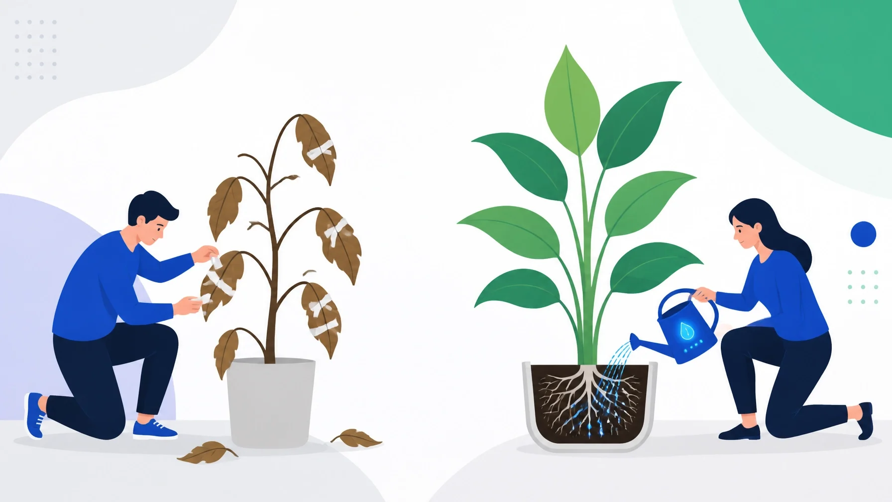 A minimalist illustration showing the difference between fixing symptoms (taping brown leaves) and fixing the root cause (watering roots with digital tools)