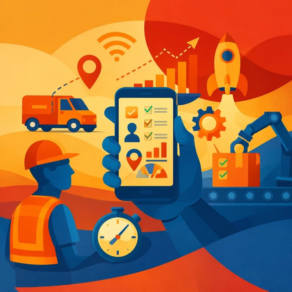 Illustration of a mobile workforce management app with GPS tracking, job checklists, time tracking, and performance analytics supporting field service productivity and growth.