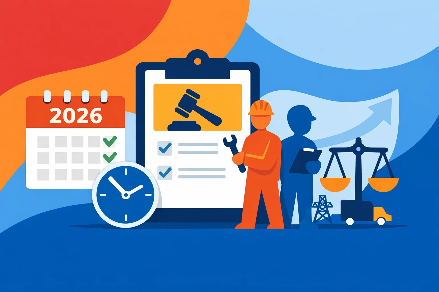 2026 workforce compliance illustration showing calendar deadlines, labor regulations checklist, time tracking, and legal accountability for construction businesses