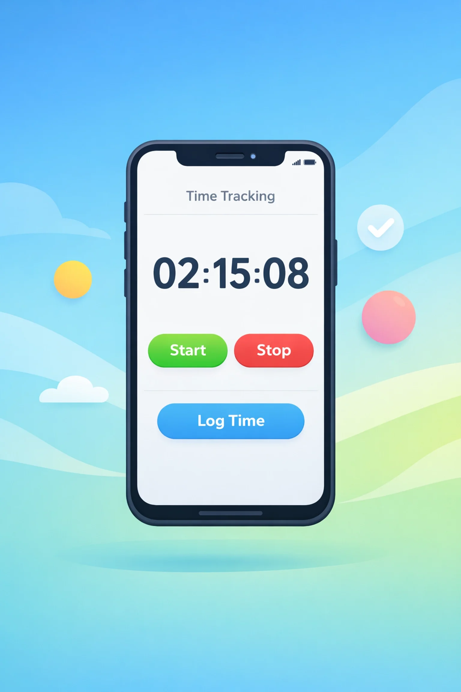 Mobile time tracking app showing elapsed work time with start and stop controls for employee labor tracking.