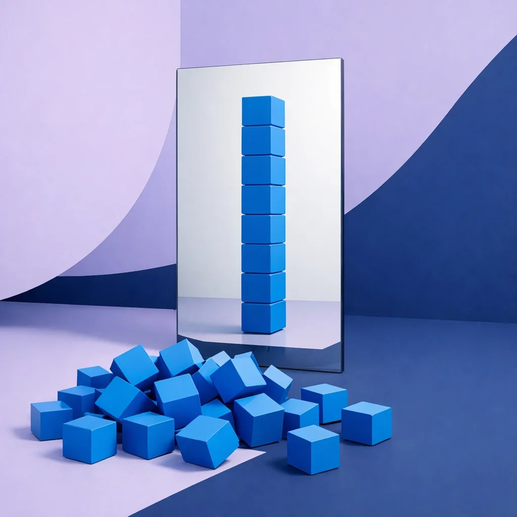 Scattered cubes in front of a mirror reflecting a perfectly stacked column, representing structured systems built from unorganized inputs.