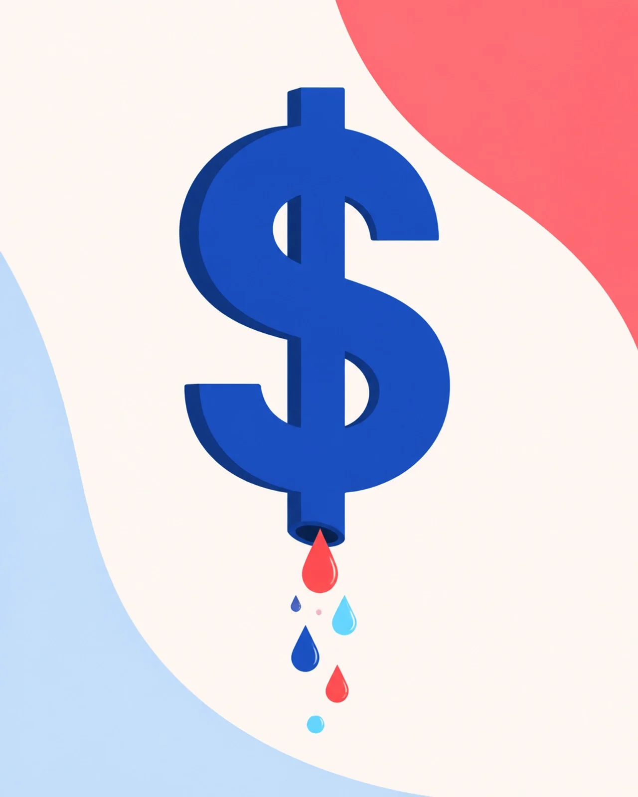 A minimalist dollar sign with colorful drops leaking from the bottom, symbolizing financial loss due to errors.