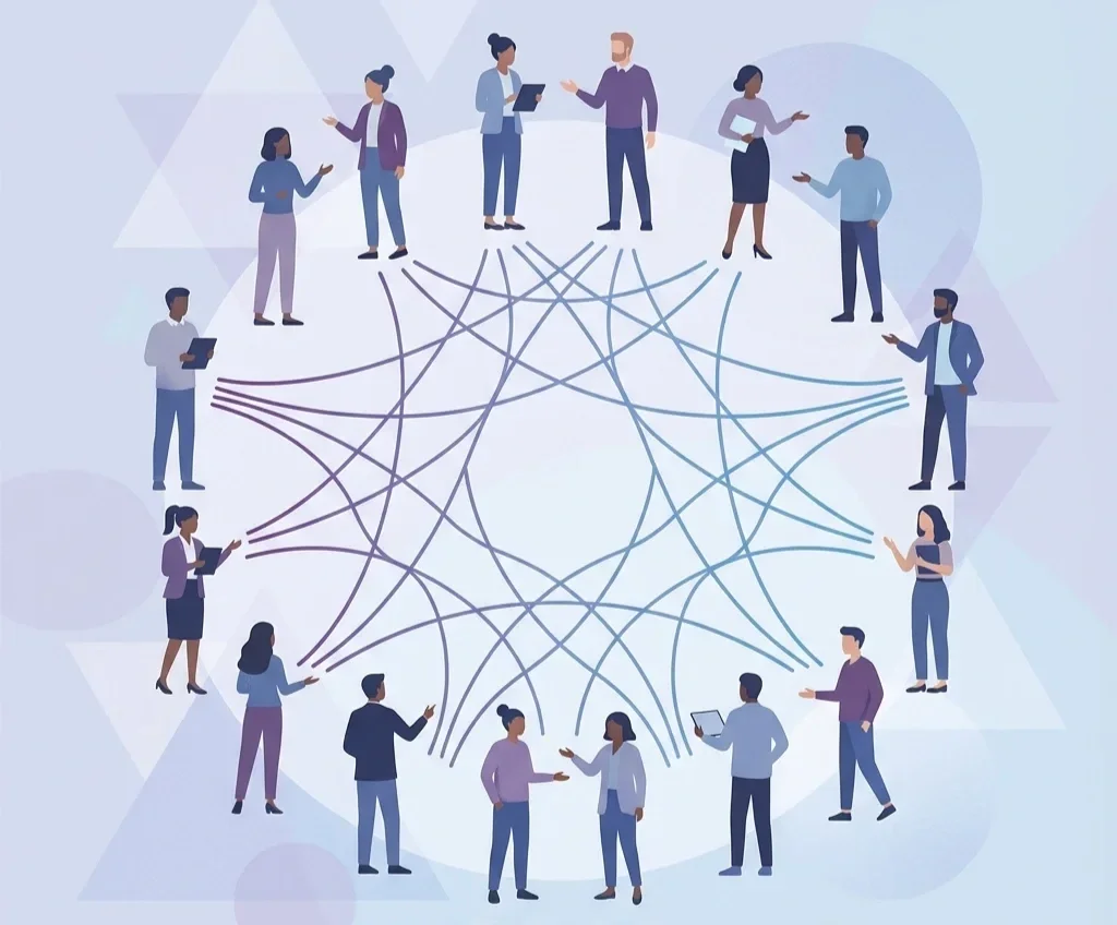 Illustration of diverse professionals connected by intersecting lines, representing team communication, collaboration, and information flow.