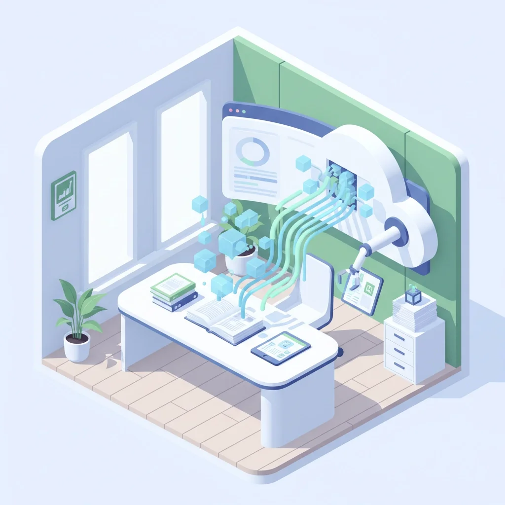 3D isometric office scene where data flows from a cloud system into books and devices, representing automation, cloud storage, and workflow digitization.