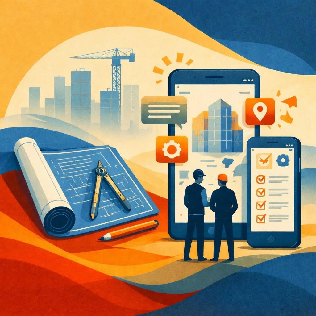 Construction planning and field management illustration showing blueprints, mobile apps, and connected jobsite communication tools for project coordination