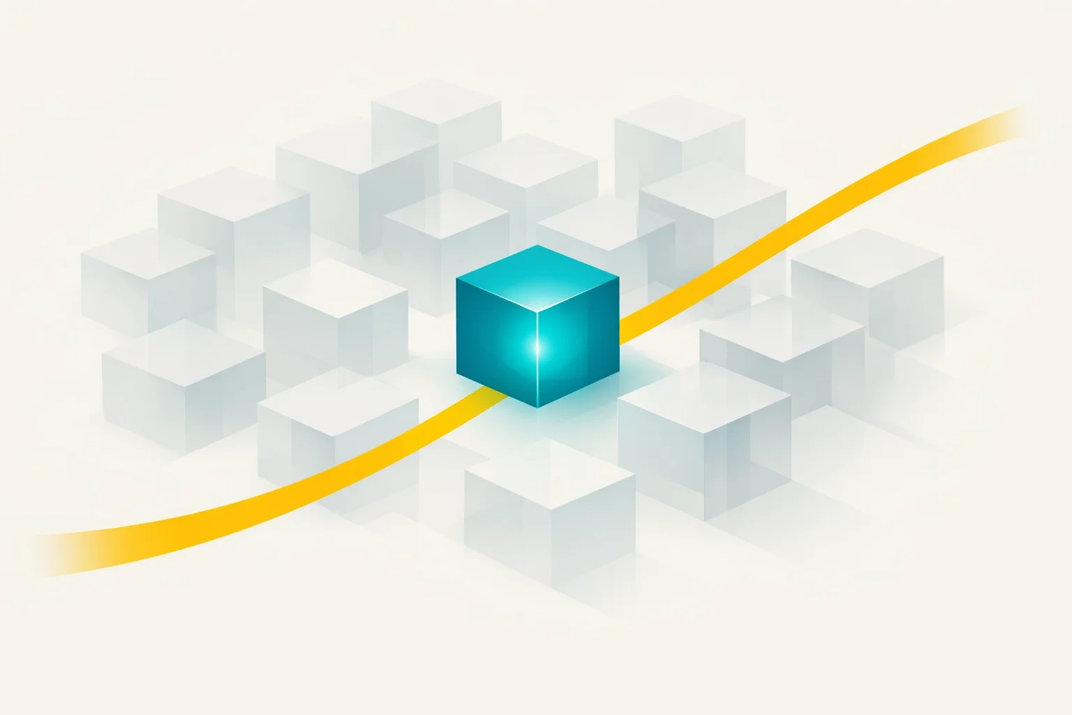 Single glowing cube among faded cubes with a rising path line, symbolizing clarity, focus, and standout performance driving progress.