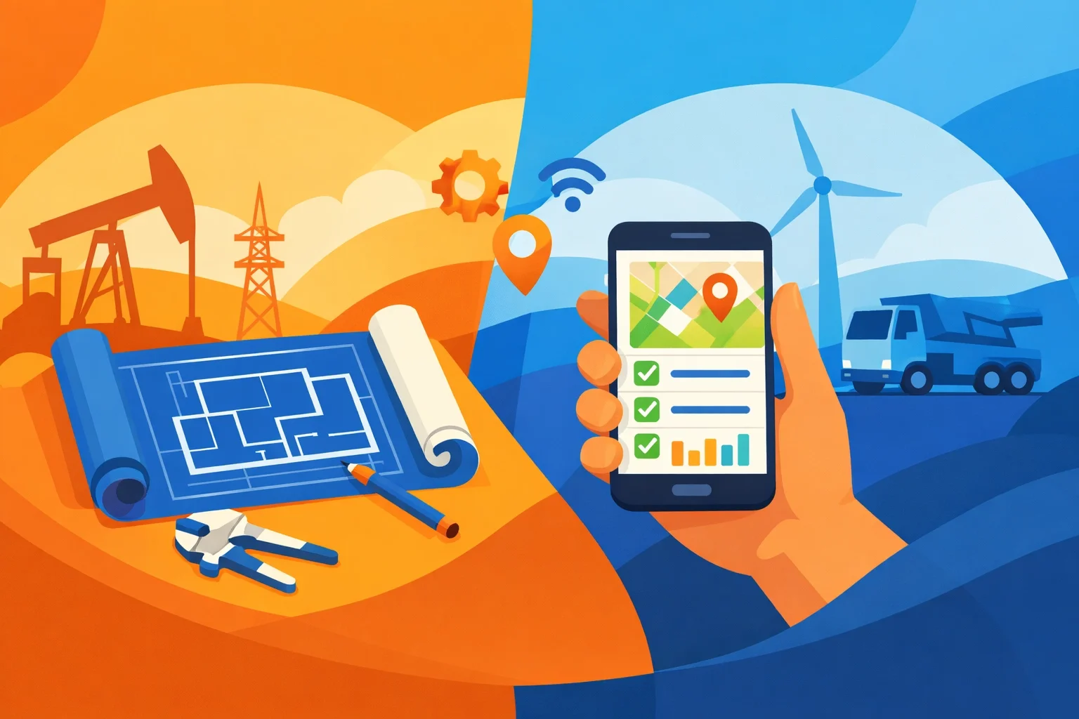 Comparison of traditional blueprint planning and modern mobile workforce management with GPS tracking, job checklists, and real-time field visibility.