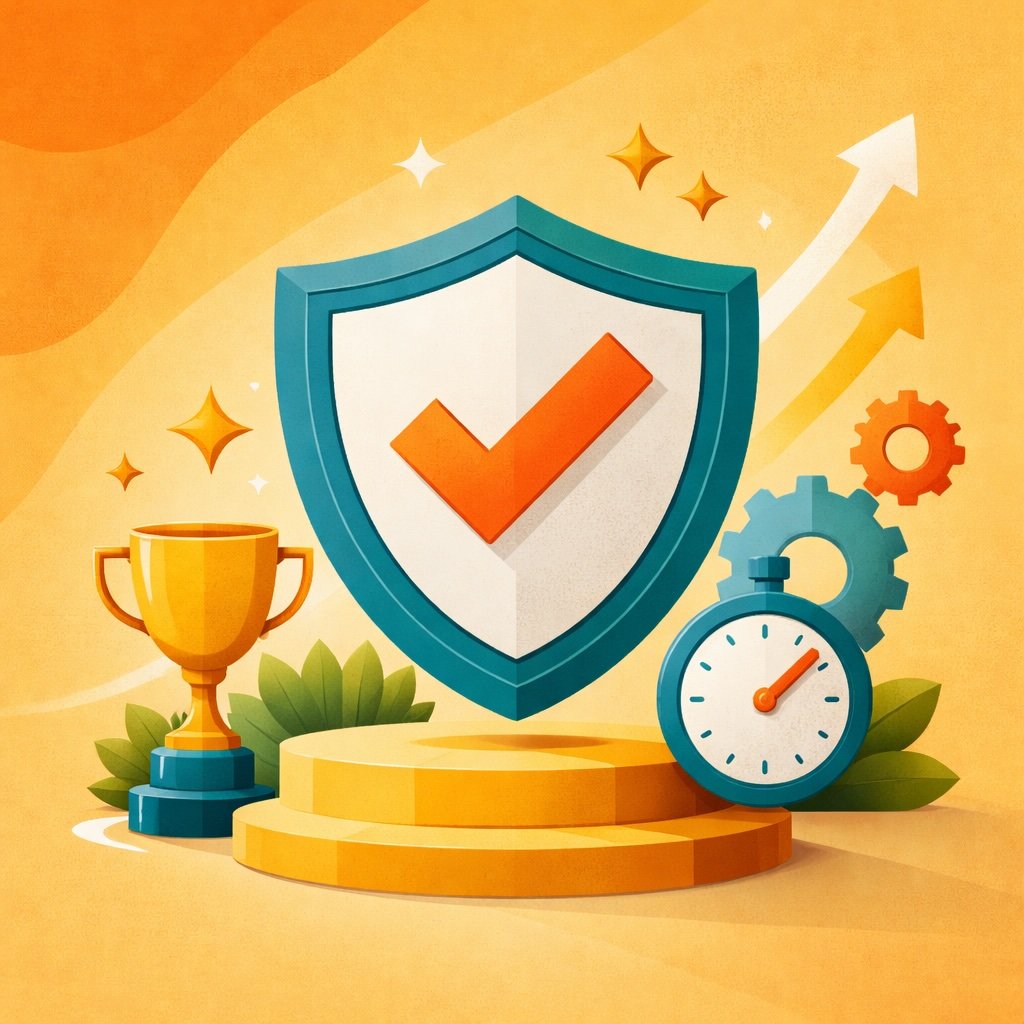 Minimalist podcast hero image featuring a shield with a checkmark, trophy, and stopwatch symbolizing business reliability and consistent performance, using bold flat colors and curved geometric accents.