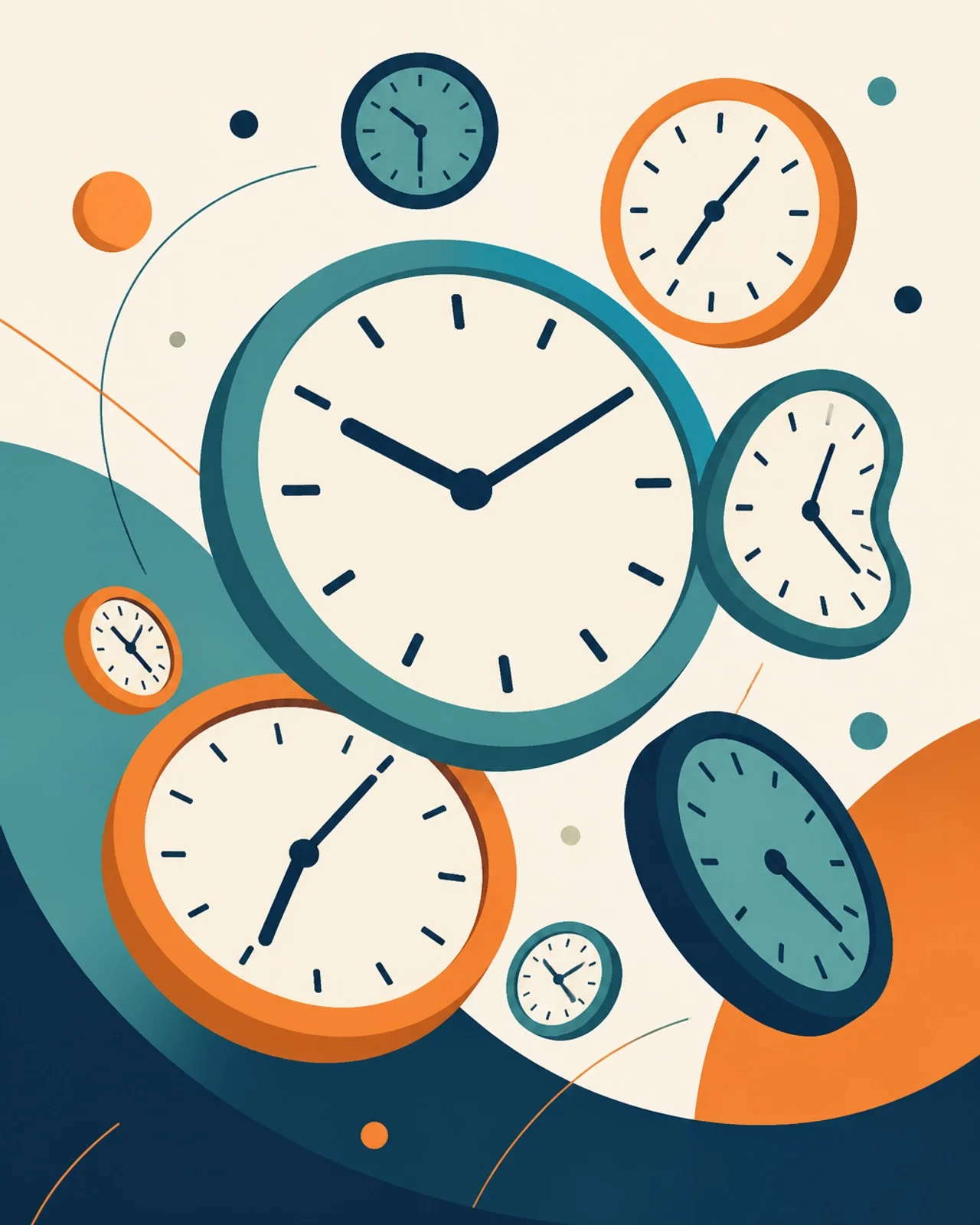 Colorful modern illustration of multiple clocks floating together, symbolizing time tracking, scheduling, workforce management, productivity, and efficient time coordination.
