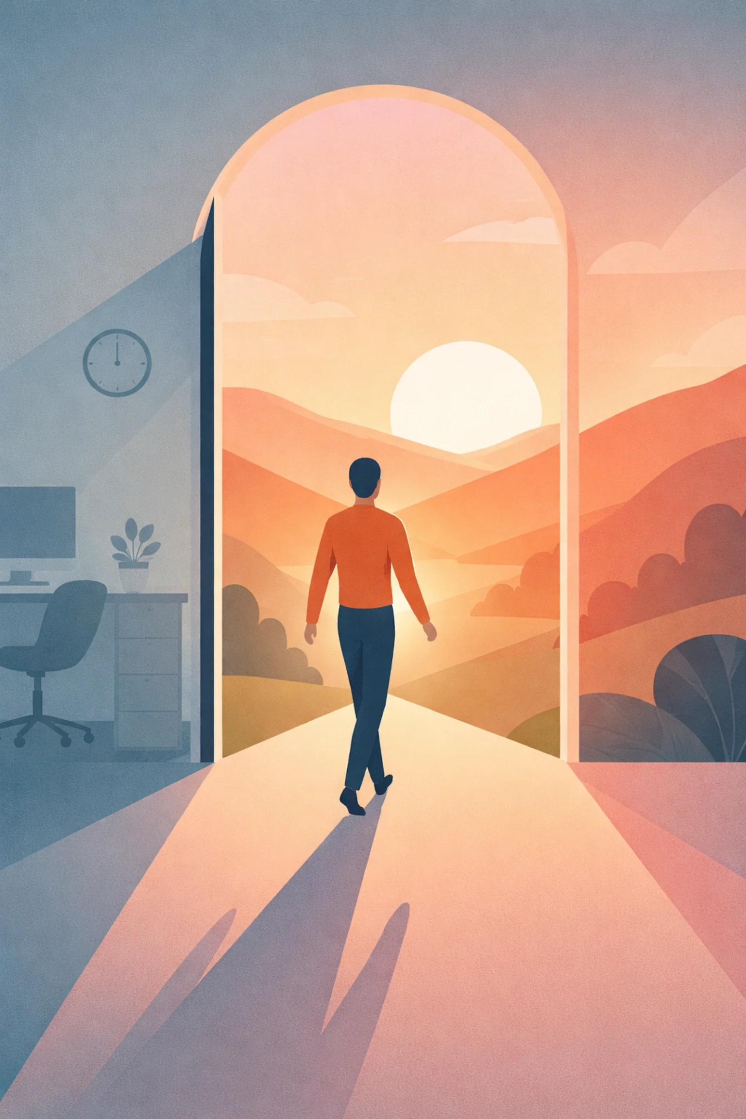 Illustration of a professional walking out of an office into a sunrise, symbolizing freedom, transition, and a new beginning in business.