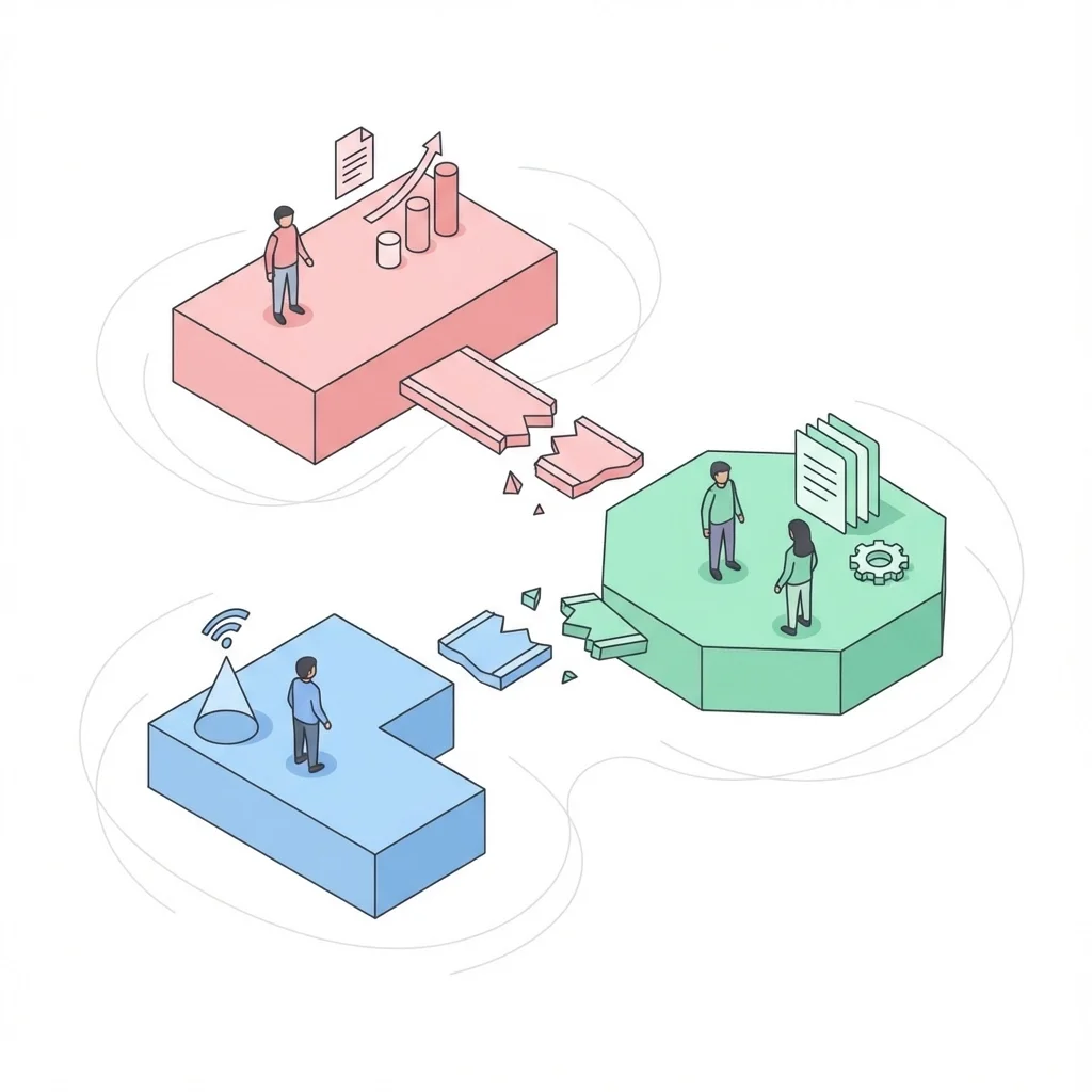 Illustration of disconnected business departments on separate platforms, showing broken communication and siloed workflows.