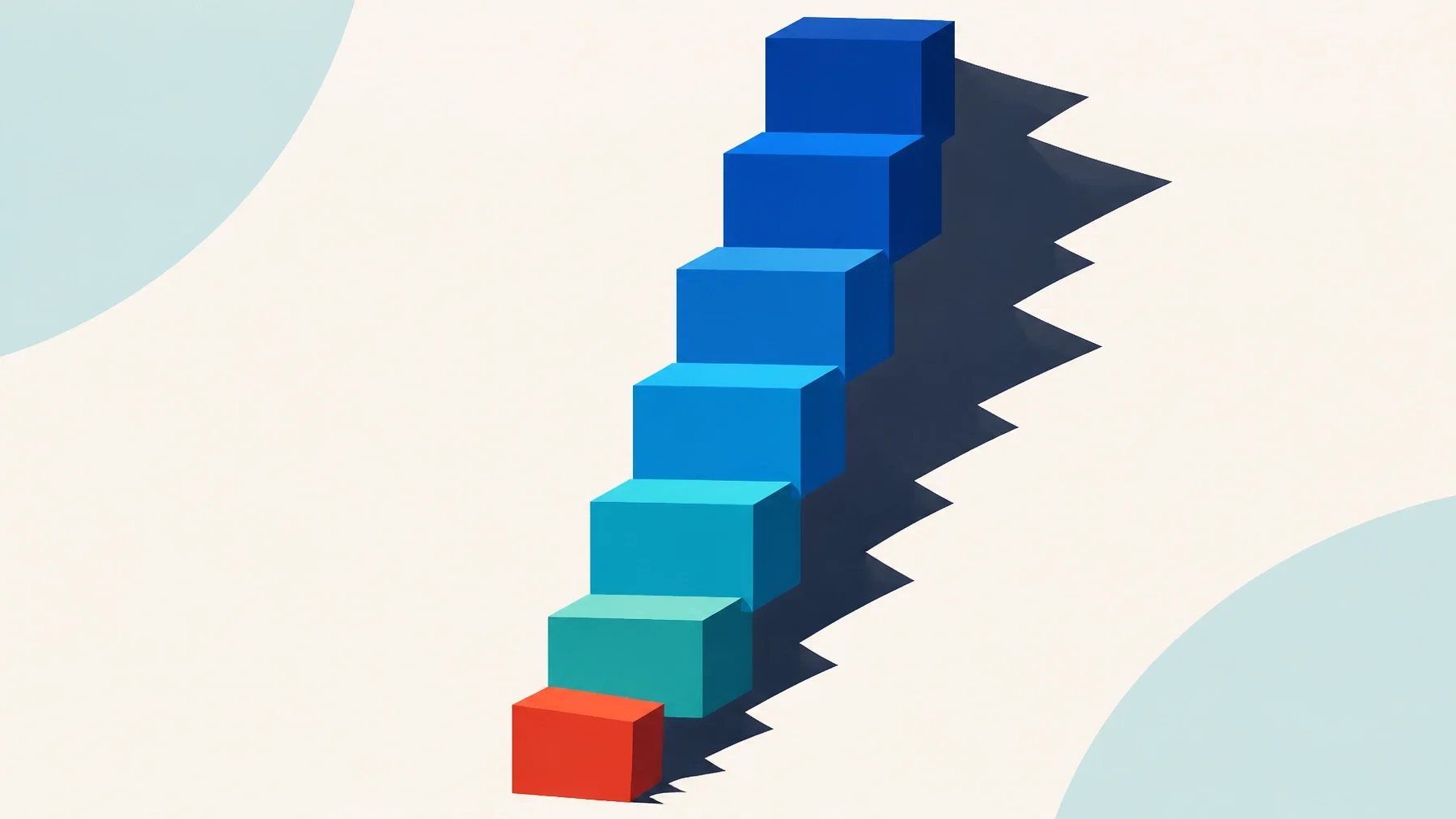 Abstract illustration of rising geometric blocks with one small crooked red block at the bottom casting a jagged shadow, representing the compounding effect of small compromises.